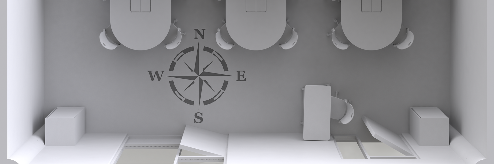 top down render of the lab with a compass rose 